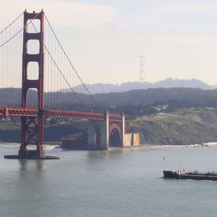 Container ship full of green coffee going under the golden gate bridge in SF CA