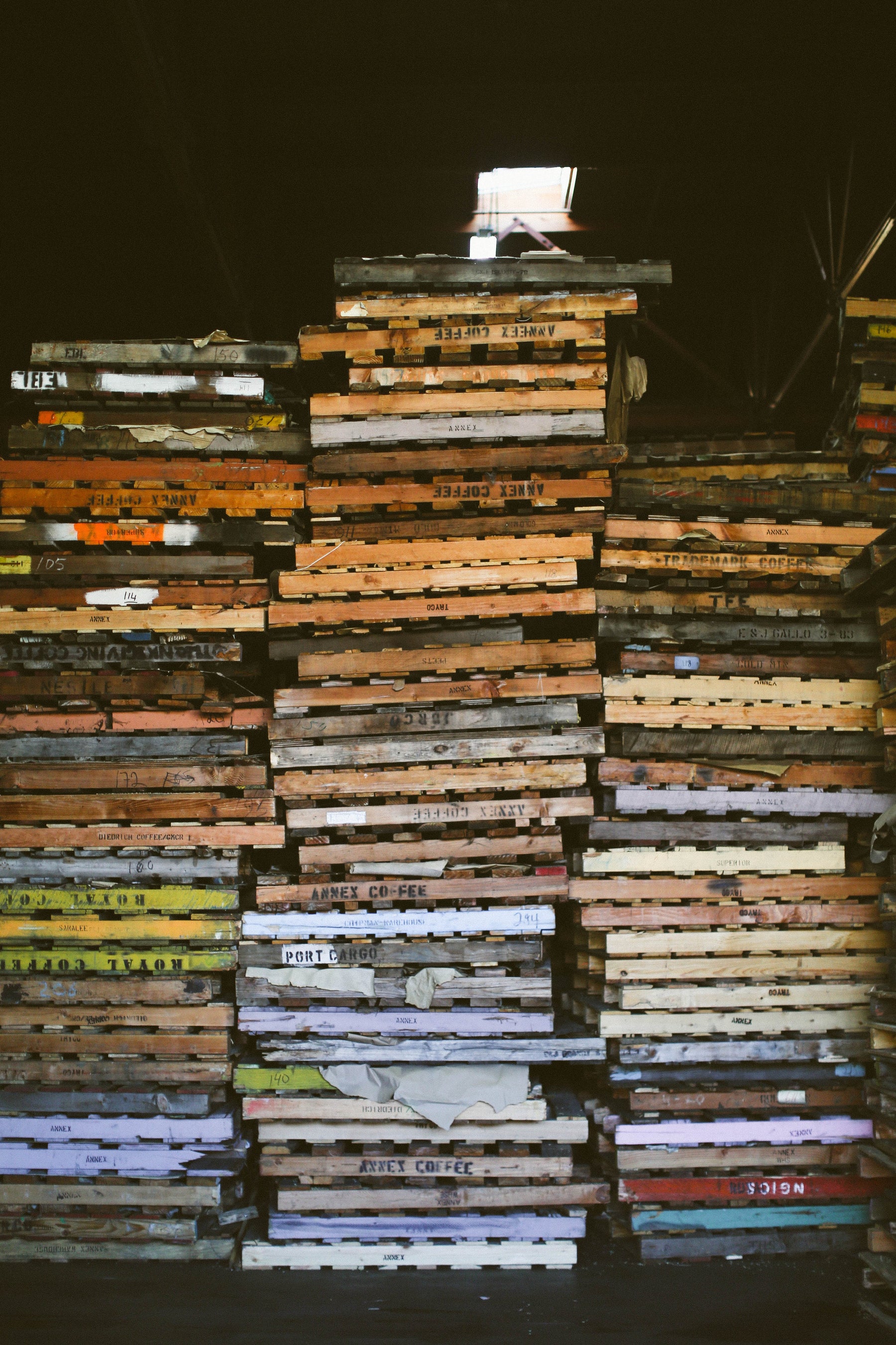 Empty green coffee pallets at the Royal Coffee Warehouse.