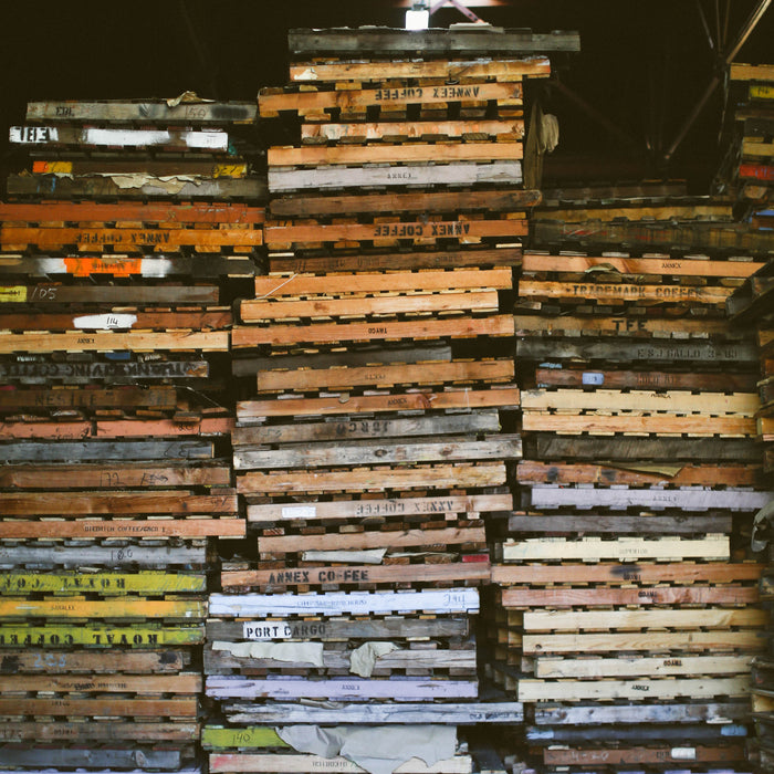 Empty green coffee pallets at the Royal Coffee Warehouse.