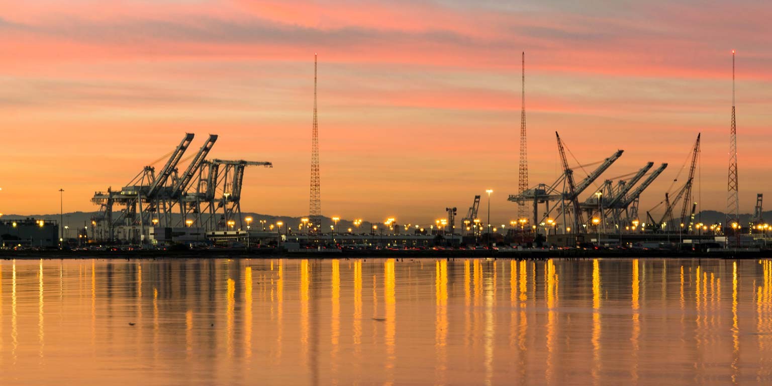 Cranes in the sunset at the port of Oakland