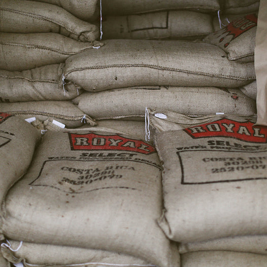 royal coffee green coffee bags stacked on top of each other