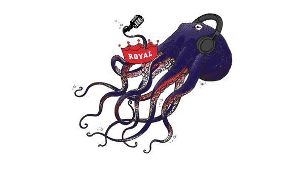 A stylized octopus illustration on a white background, wearing black headphones and a red crown with the word ROYAL on it. A black microphone floats near its head, and the octopus tentacles curl around the lower half of the image.